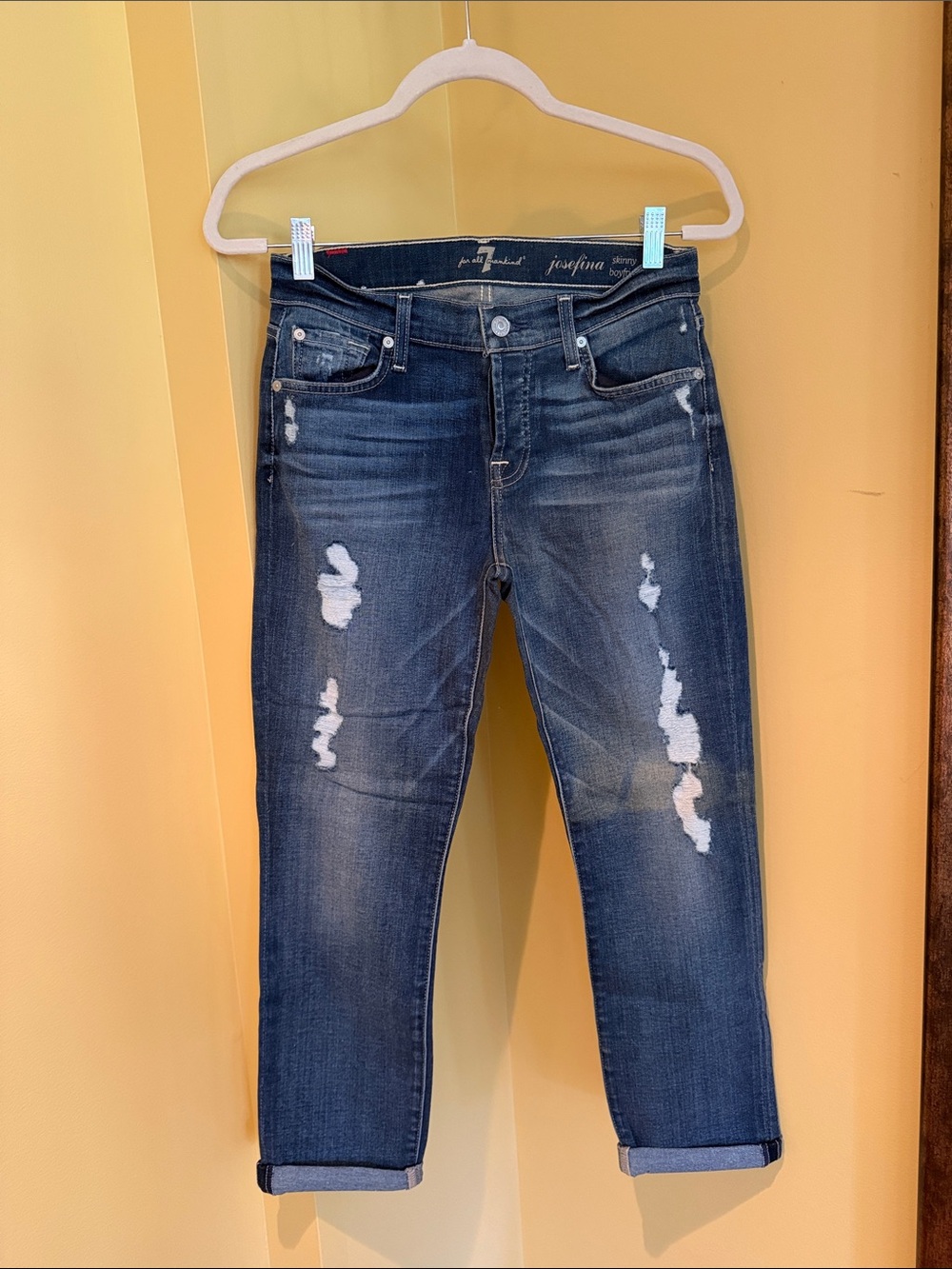 7 For All Mankind Women’s Dark Blue Distressed Boyfriend Jeans